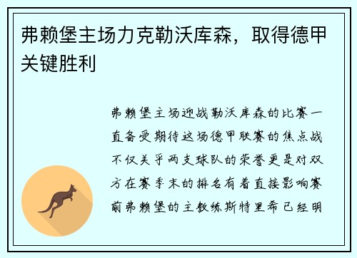 弗赖堡主场力克勒沃库森，取得德甲关键胜利