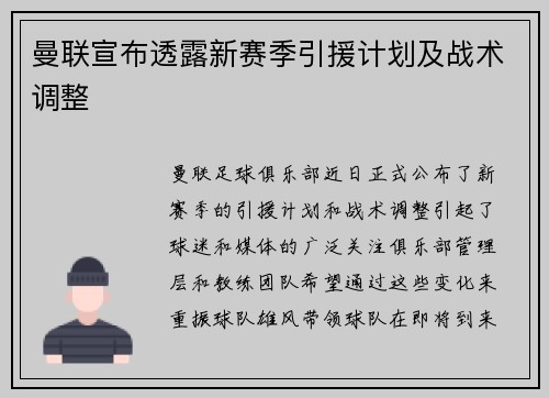 曼联宣布透露新赛季引援计划及战术调整
